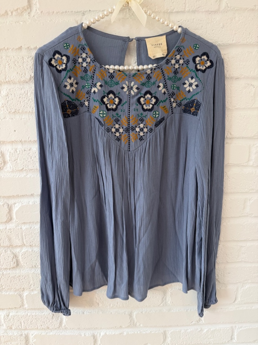 Velvet by Graham & Spencer Dusty Blue Embroidered Long-Sleeve Blouse